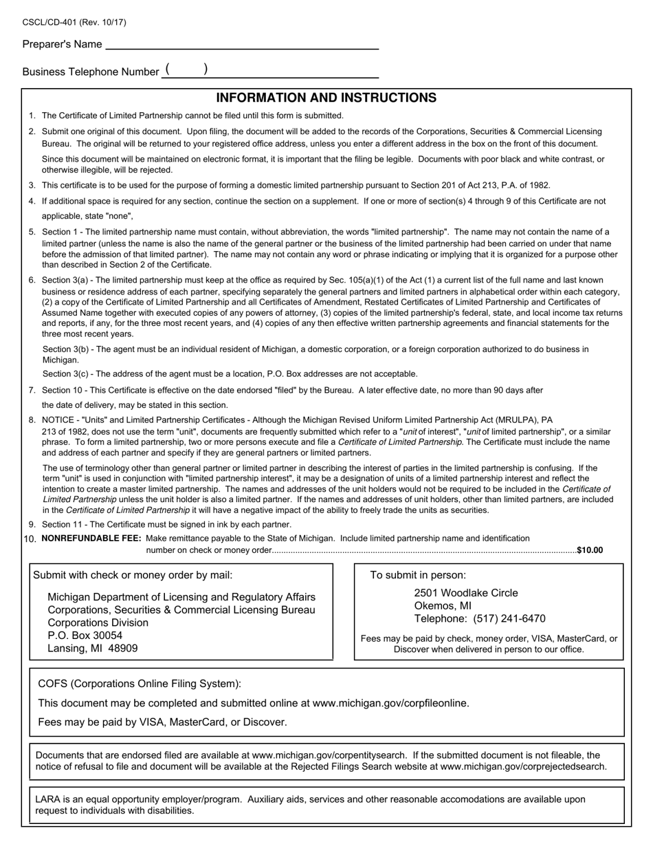 Form CSCL / CD-401 Certificate of Limited Partnership for Use by Domestic Limited Partnerships - Michigan, Page 6
