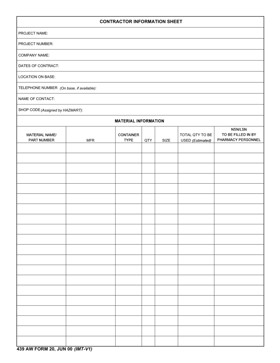 439 AW Form 20 Contractor Information Sheet, Page 1