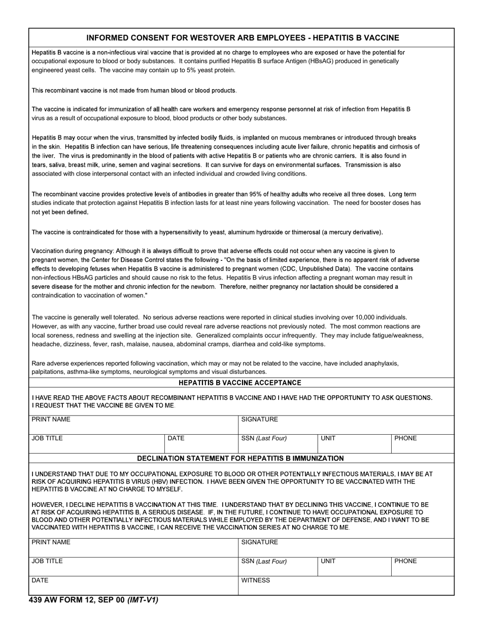 439 AW Form 12 Informed Consent for Warb Employees - Hepatitus B Vaccine, Page 1