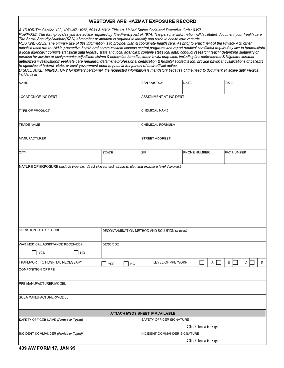 439 AW Form 17 Westover Arb Hazmat Exposure Record, Page 1