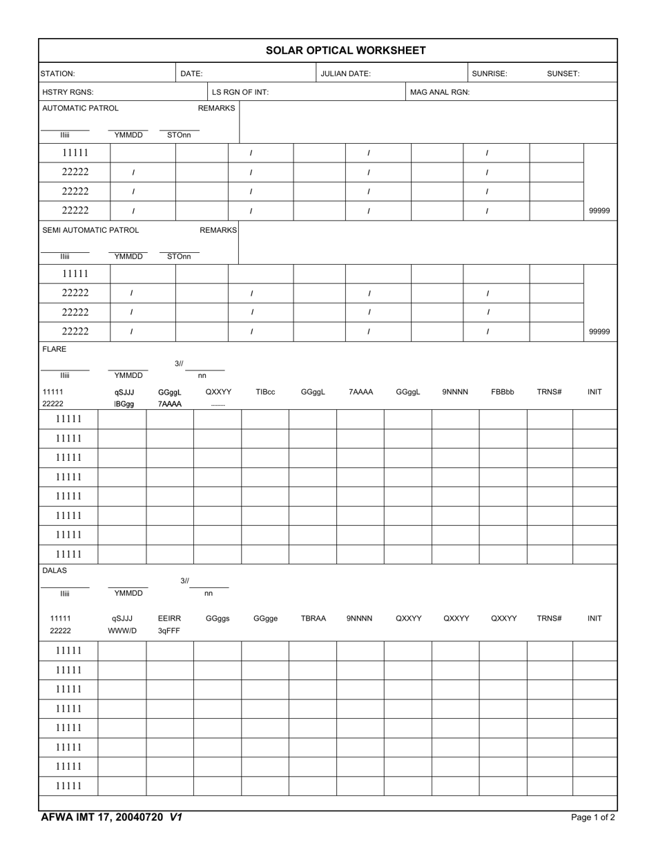 AFWA IMT Form 17 Solar Optical Worksheet, Page 1