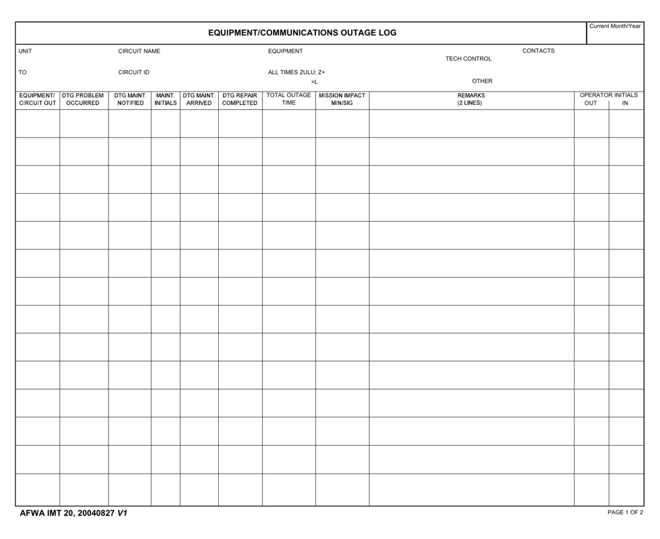 AFWA IMT Form 20 Equipment / Communications Outage Log, Page 1