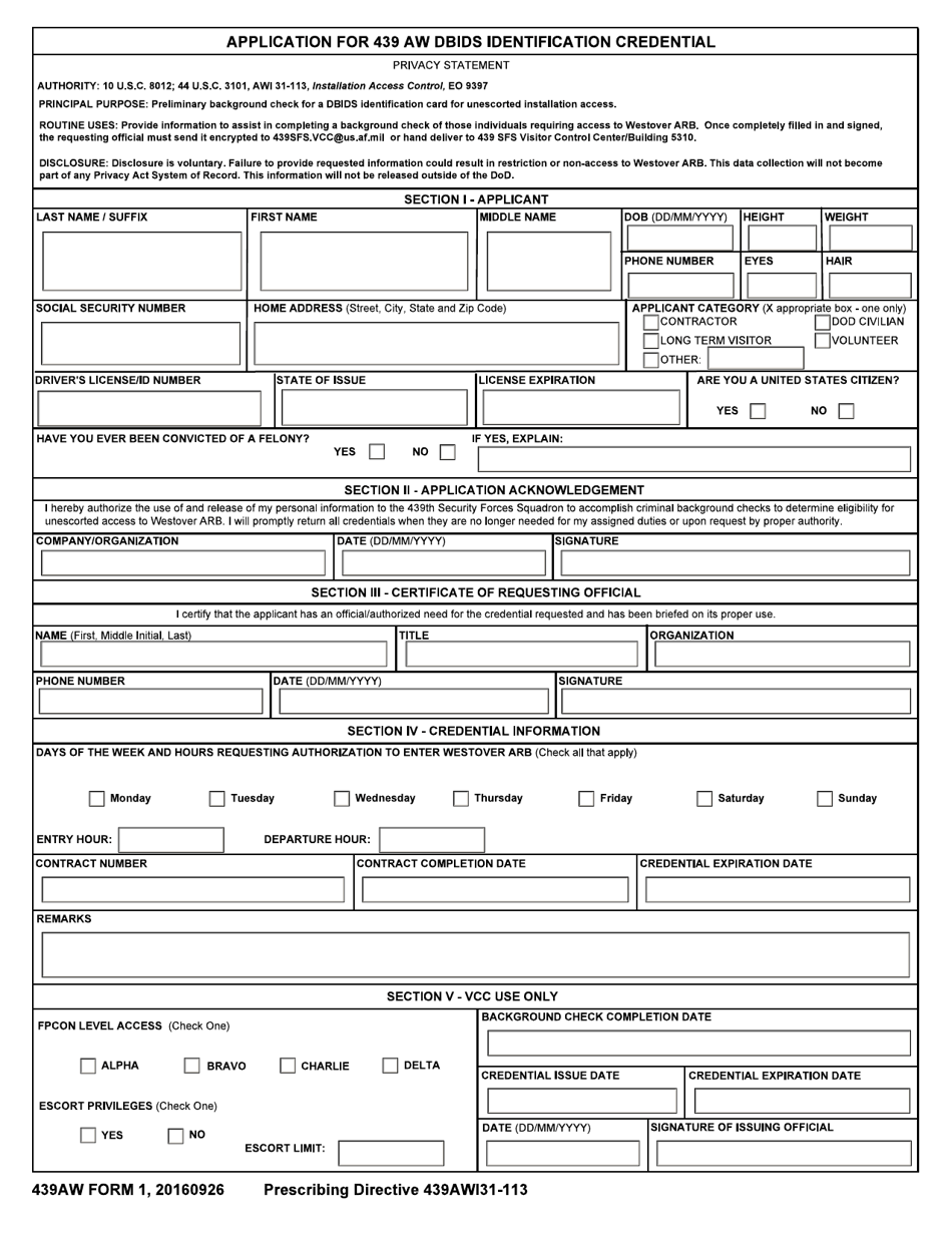 439 AW Form 1 Application for 439 AW Dbids Identification Credential, Page 1