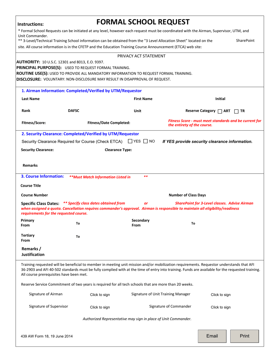 439 AW Form 18 Formal School Request, Page 1