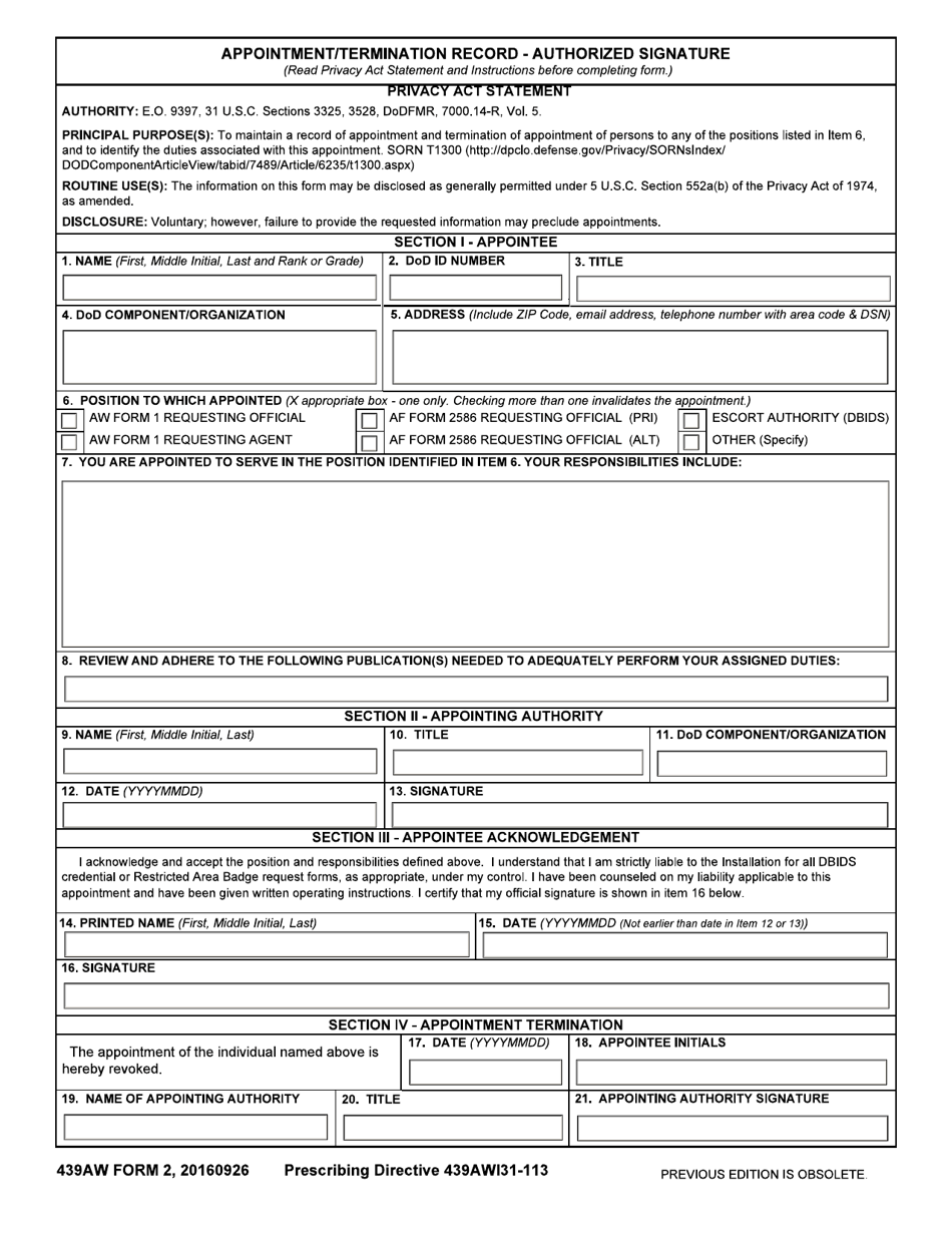 439 AW Form 2 Appointment / Termination Record - Authorized Signature, Page 1