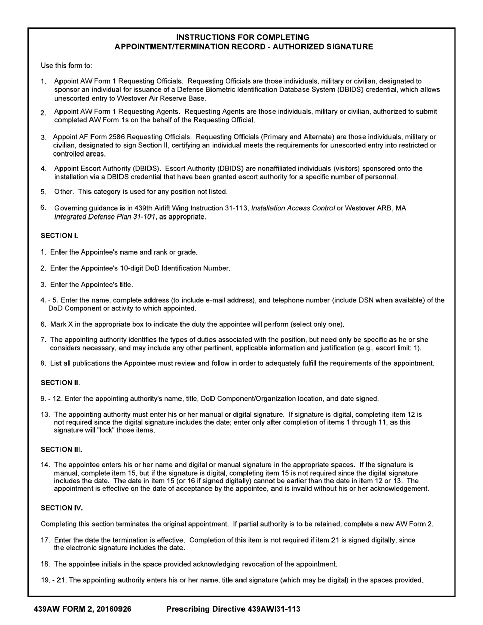 439 AW Form 2 Appointment / Termination Record - Authorized Signature, Page 2