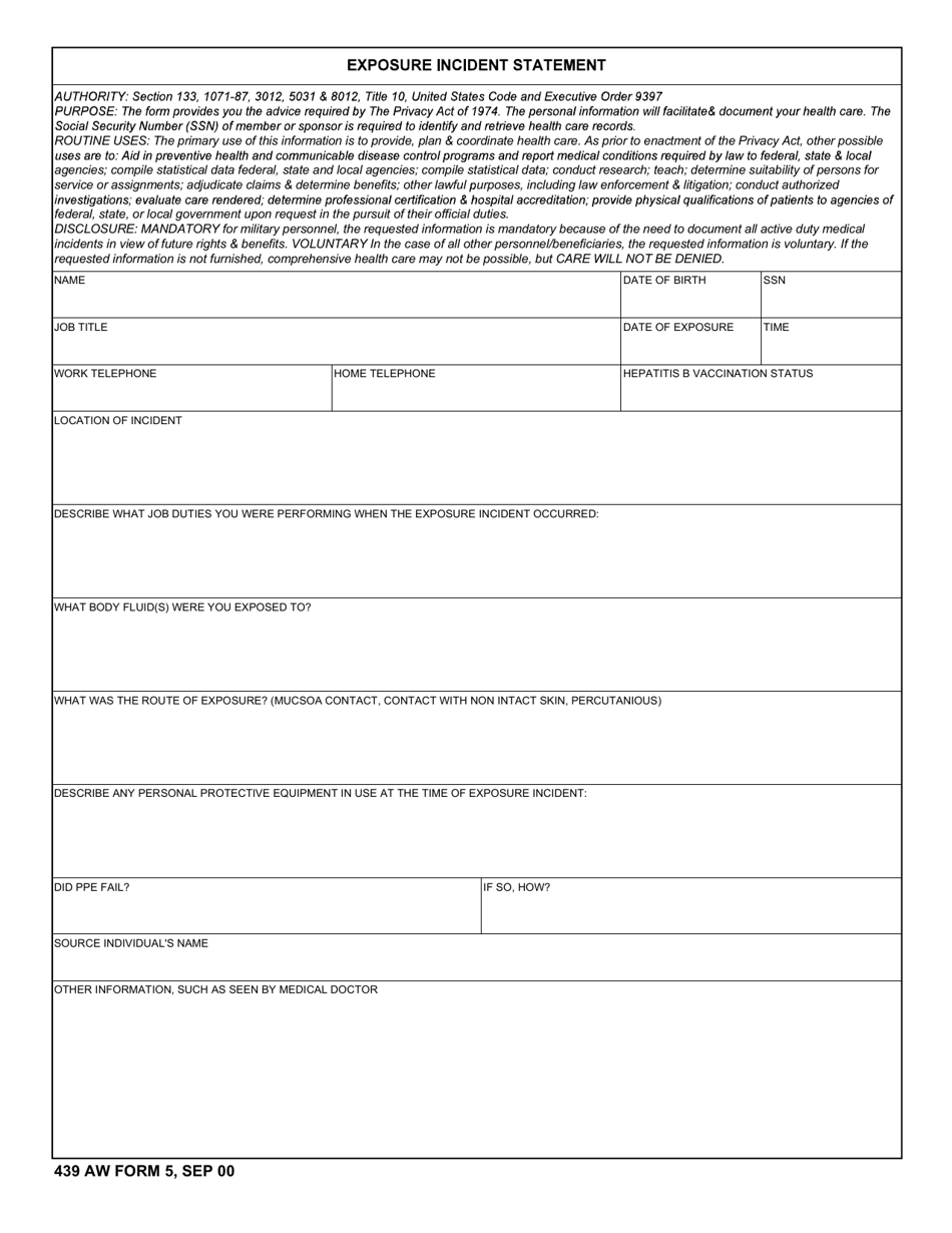 439 AW Form 5 Exposure Incident Statement, Page 1
