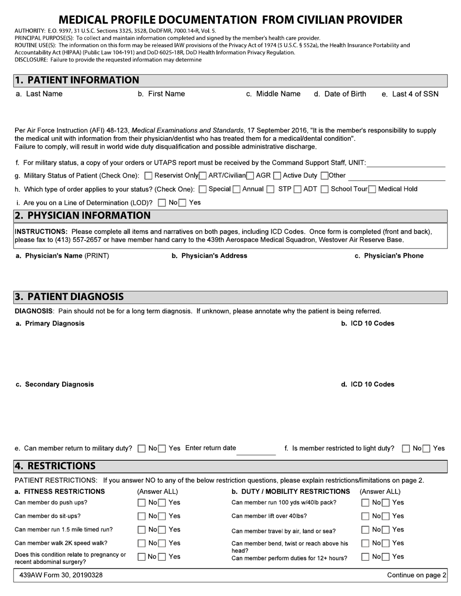 439 AW Form 30 Medical Profile Documentation From Civilian Provider, Page 1