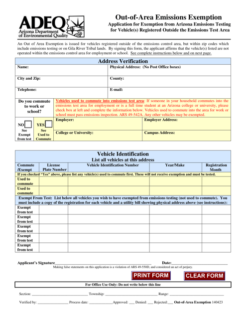 Out of Area Emissions Exemption Application Form - Arizona Download Pdf