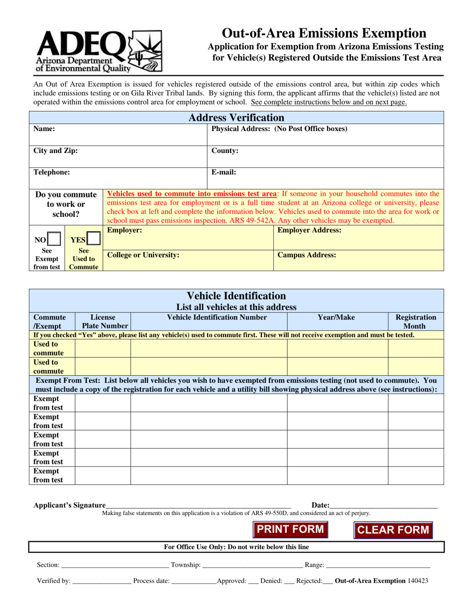 Out of Area Emissions Exemption Application Form - Arizona, Page 1