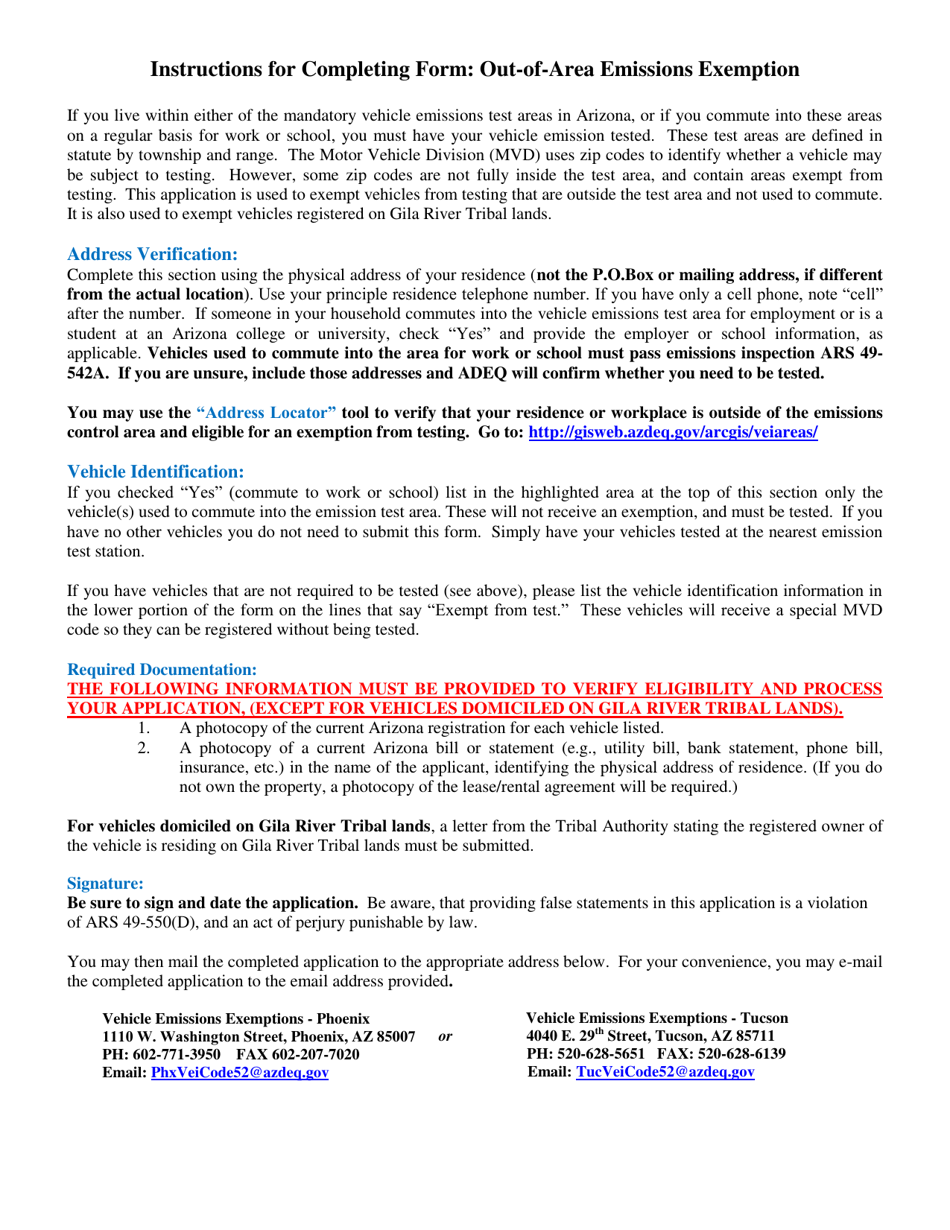 Arizona Out Of Area Emissions Exemption Application Form Fill Out Sign Online And Download 7466