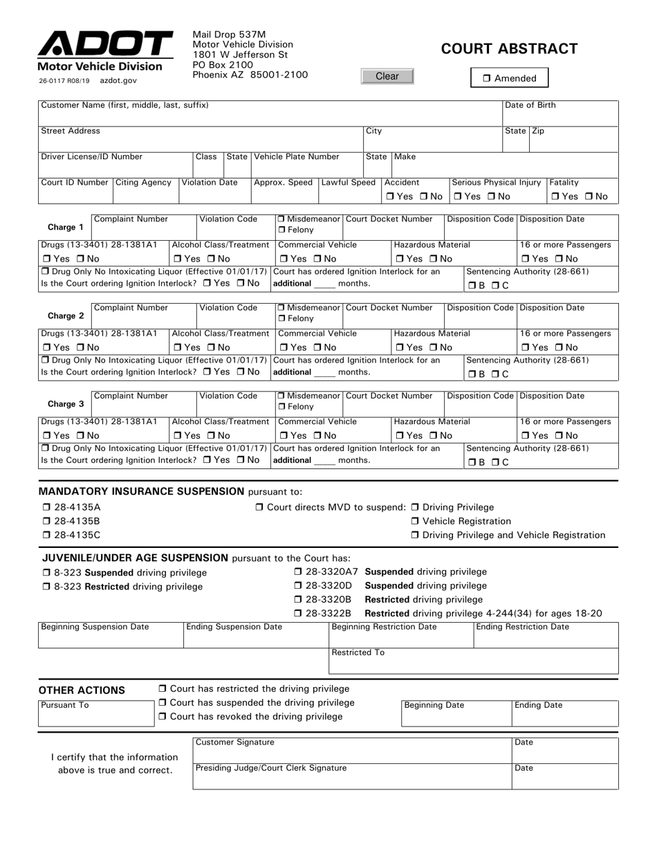 Form 26-0117 Court Abstract - Arizona, Page 1