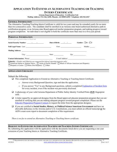 Application to Extend an Alternative Teaching or Teaching Intern Certificate - Arizona Download Pdf