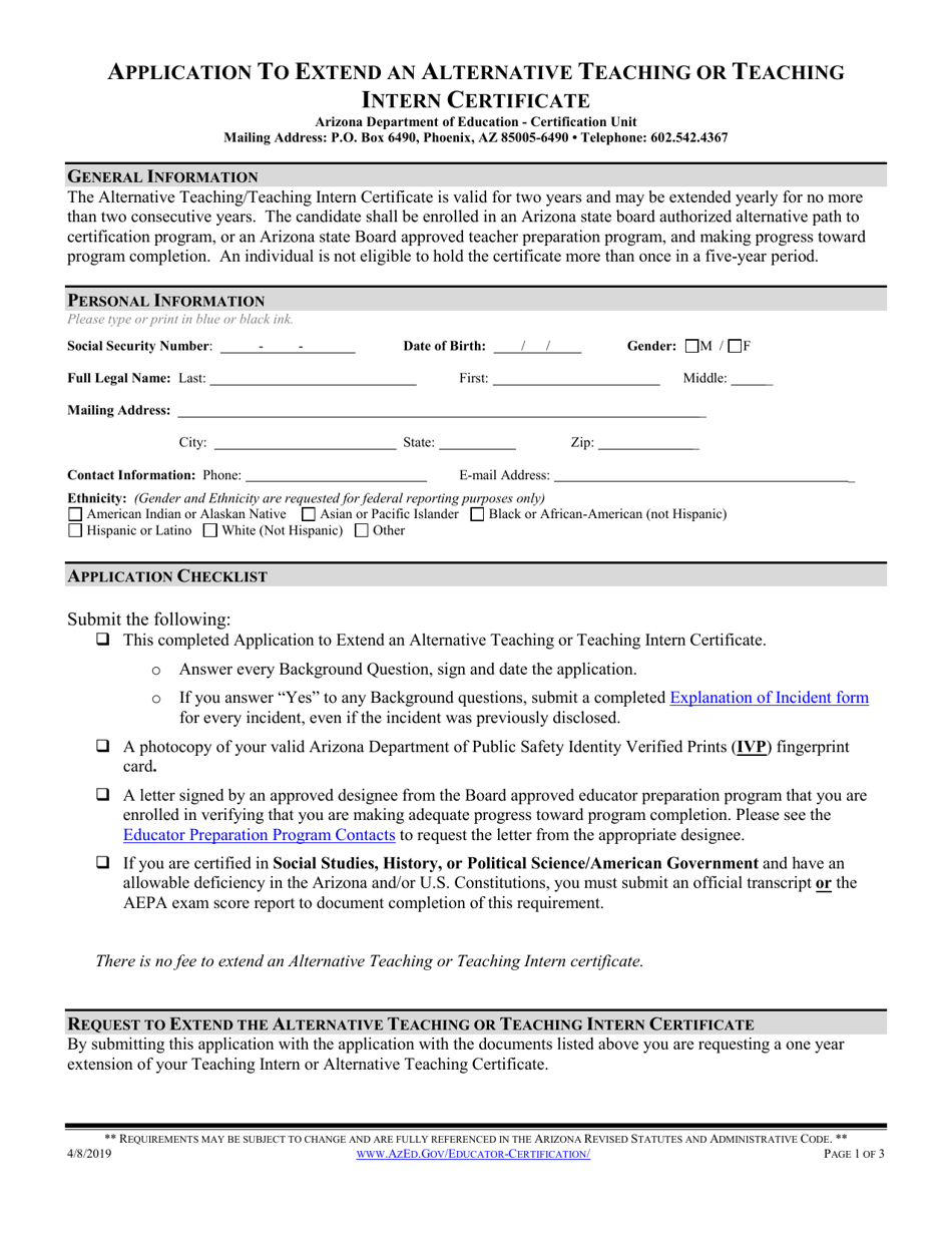 Application to Extend an Alternative Teaching or Teaching Intern Certificate - Arizona, Page 1