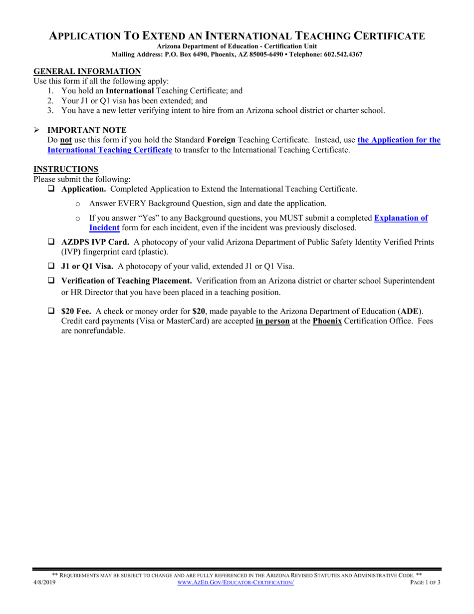 Application to Extend an International Teaching Certificate - Arizona, Page 1