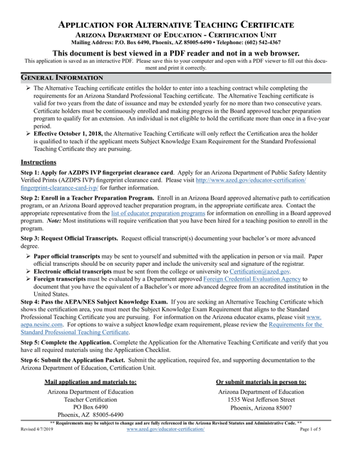 Application for Alternative Teaching Certificate - Arizona