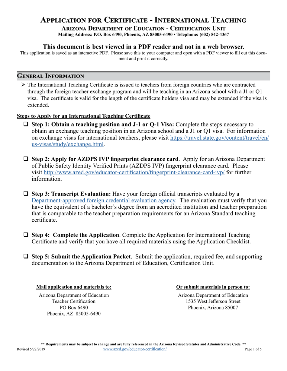 Application for Certificate - International Teaching - Arizona, Page 1