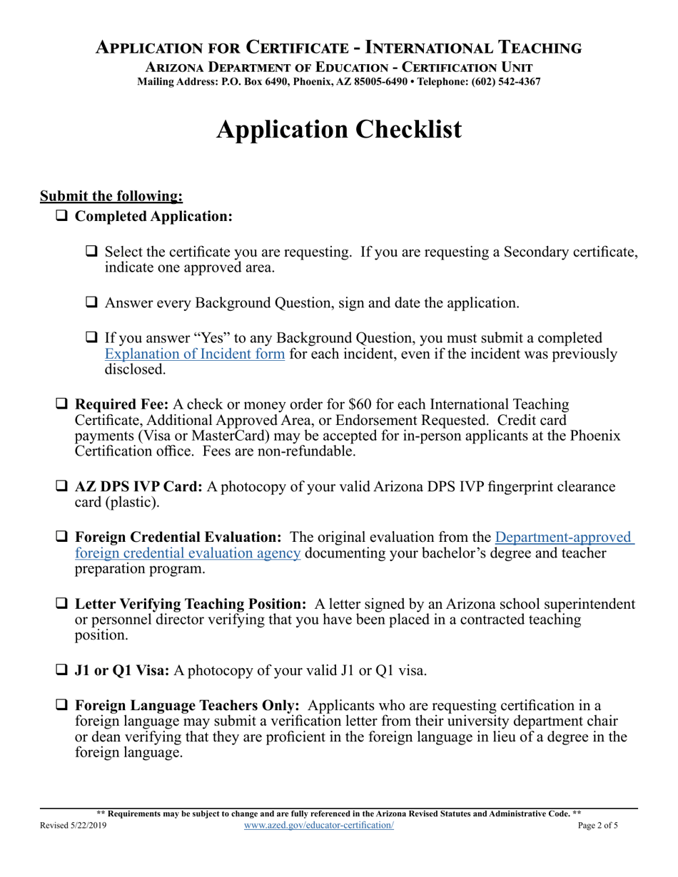 Application for Certificate - International Teaching - Arizona, Page 2