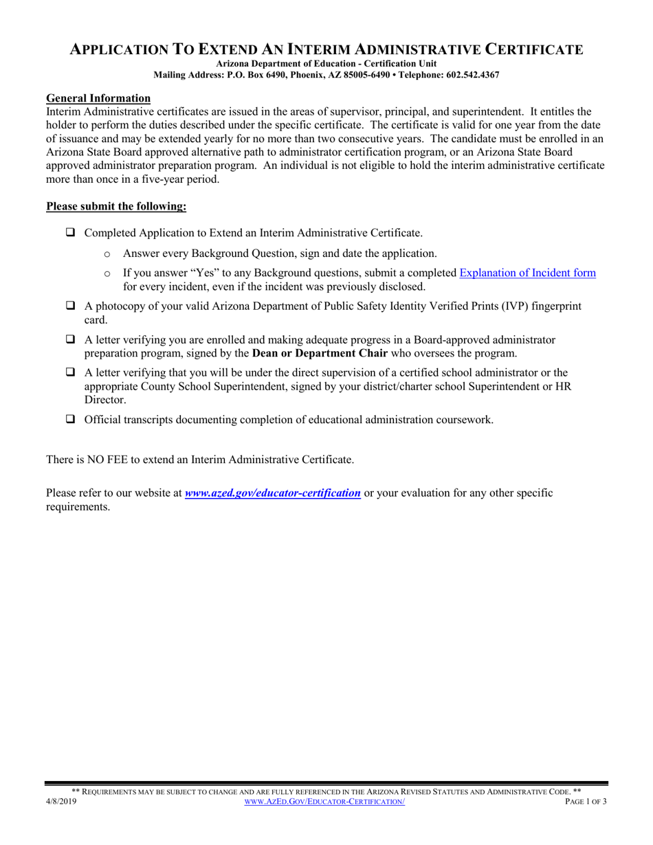 Application to Extend an Interim Administrative Certificate - Arizona, Page 1