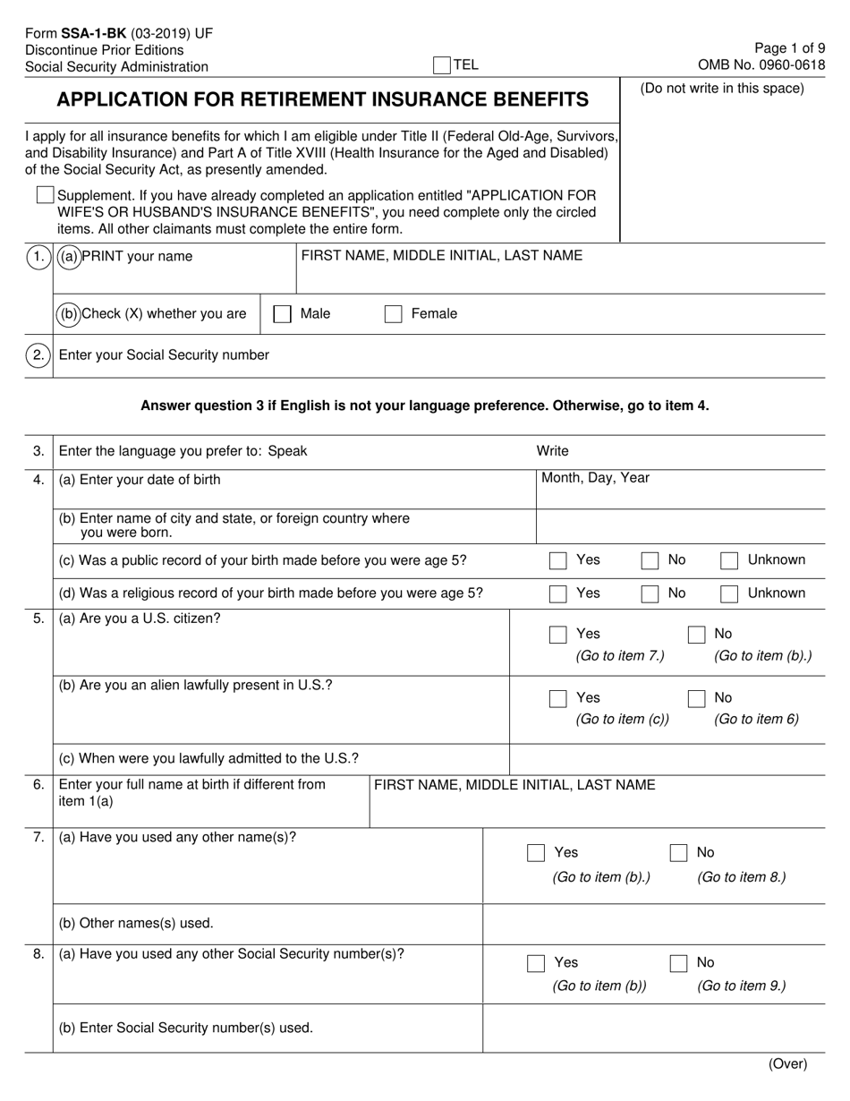 Form SSA-1-BK Application for Retirement Insurance Benefits, Page 1
