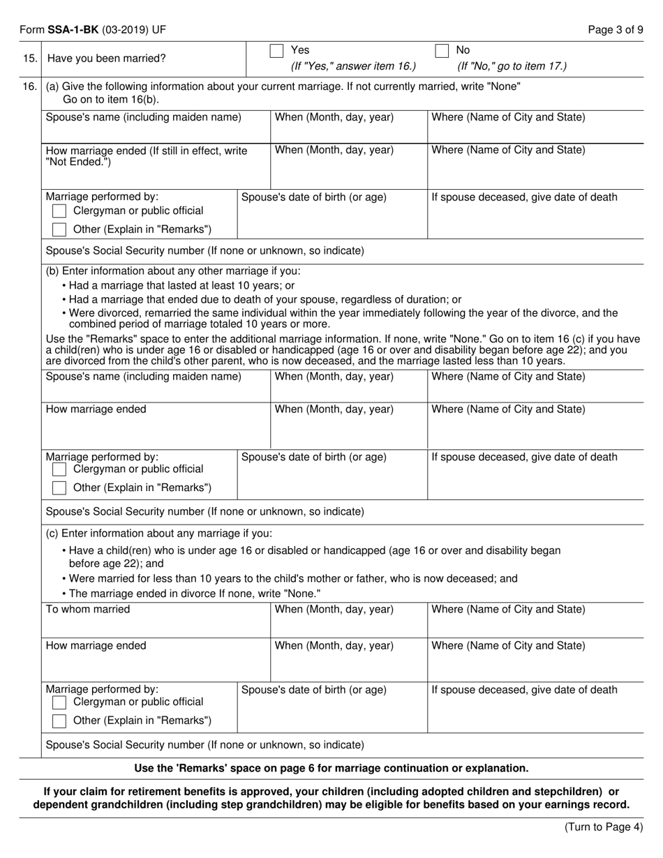Form SSA-1-BK Application for Retirement Insurance Benefits, Page 3