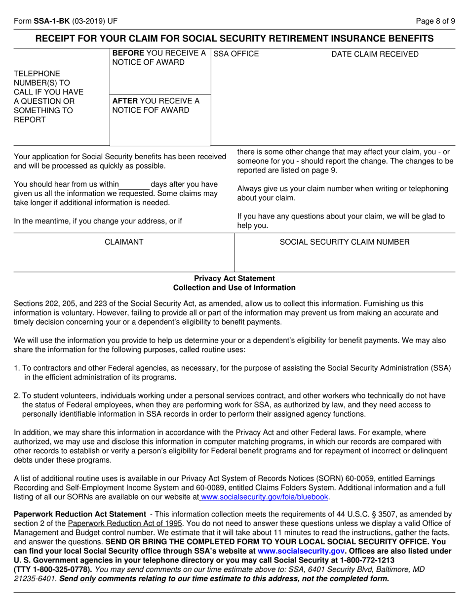 Form SSA-1-BK Application for Retirement Insurance Benefits, Page 8