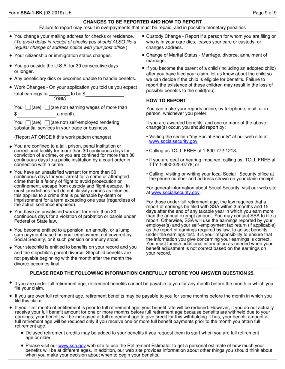 Form SSA-1-BK Application for Retirement Insurance Benefits, Page 9