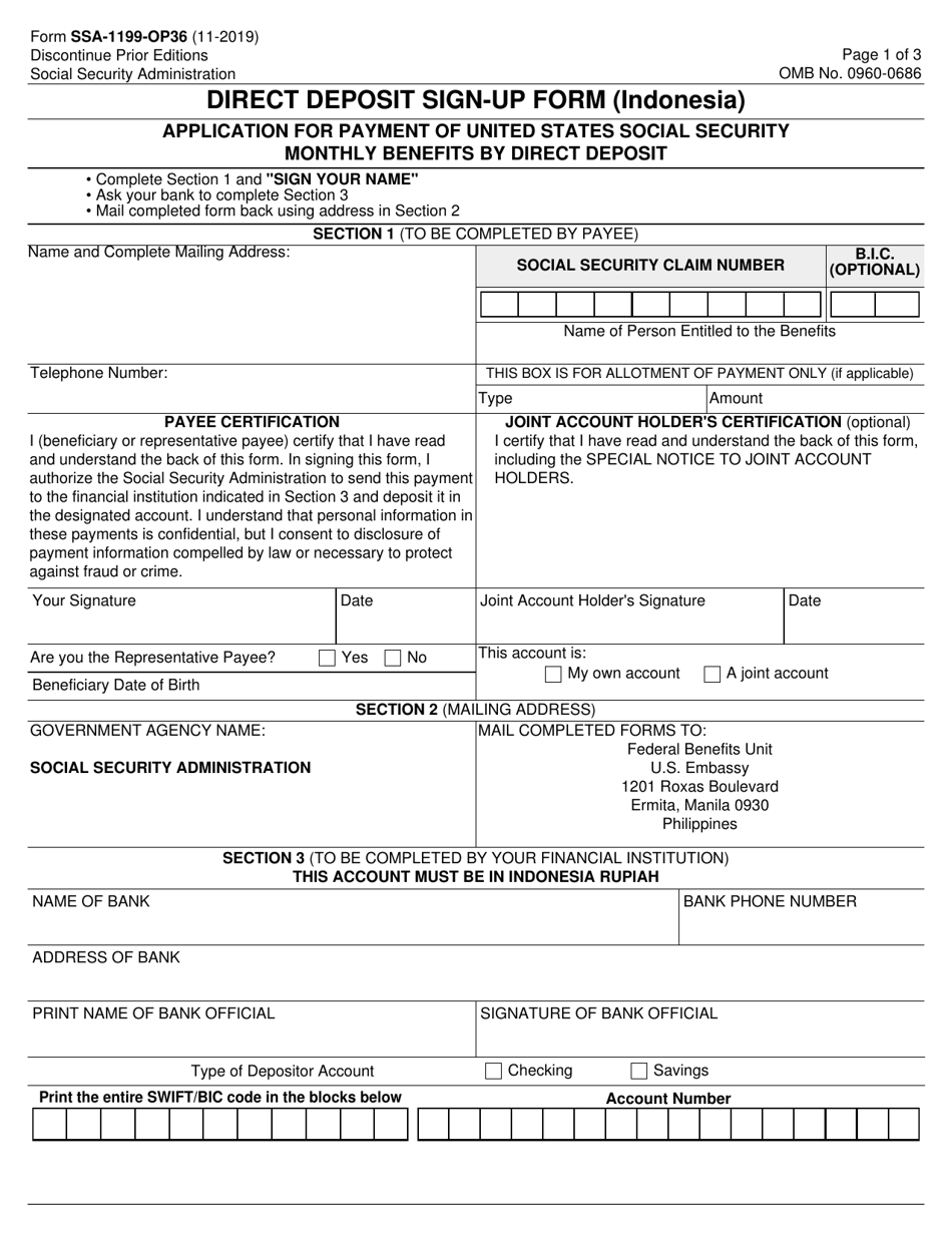 Form SSA-1199-OP36 Direct Deposit Sign-Up Form (Indonesia), Page 1