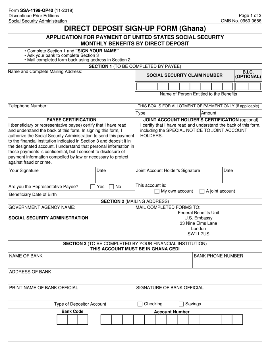 Form SSA-1199-OP40 Direct Deposit Sign-Up Form (Ghana), Page 1