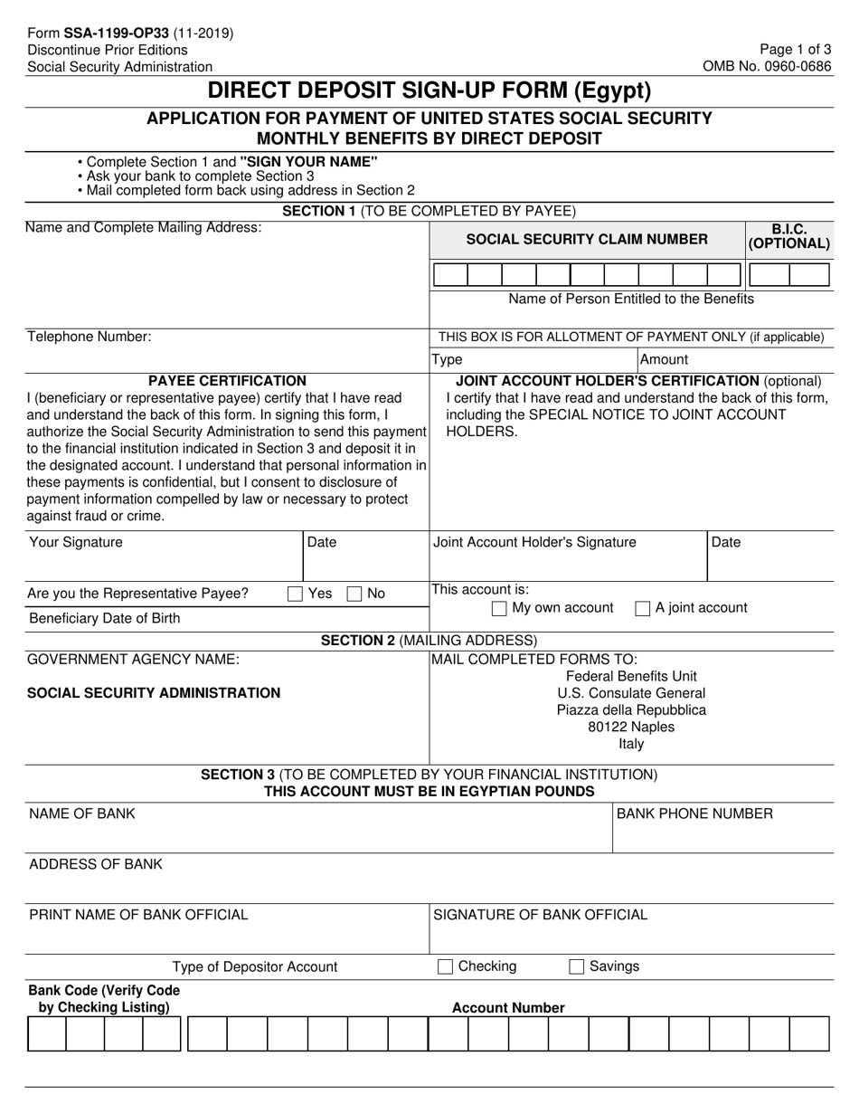 Form SSA-1199-OP33 Direct Deposit Sign-Up Form (Egypt), Page 1