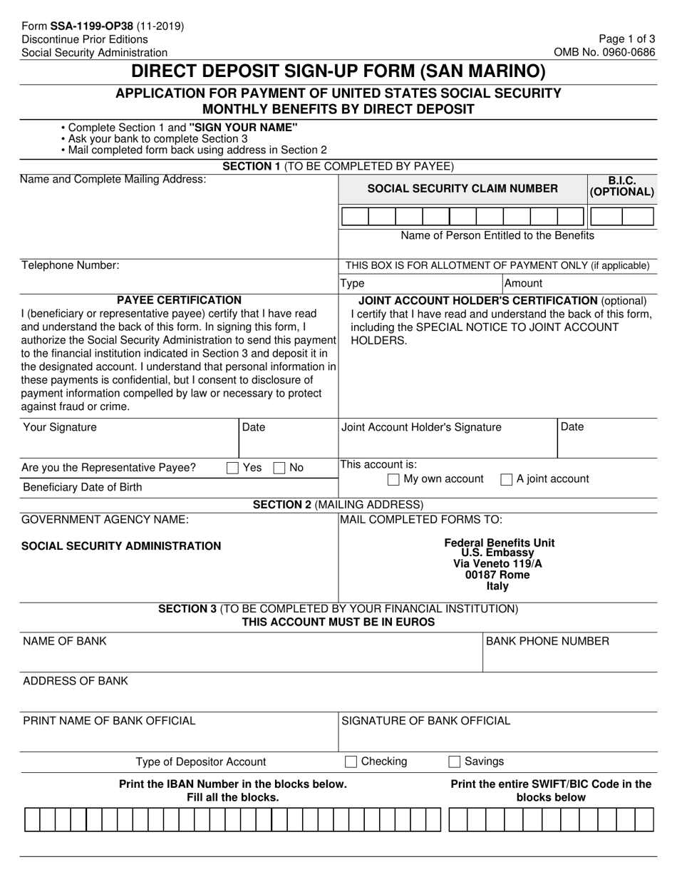 Form SSA-1199-OP38 Direct Deposit Sign-Up Form (San Marino), Page 1