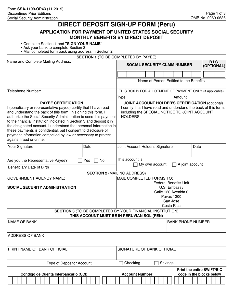 Form SSA-1199-OP43 Direct Deposit Sign-Up Form (Peru), Page 1