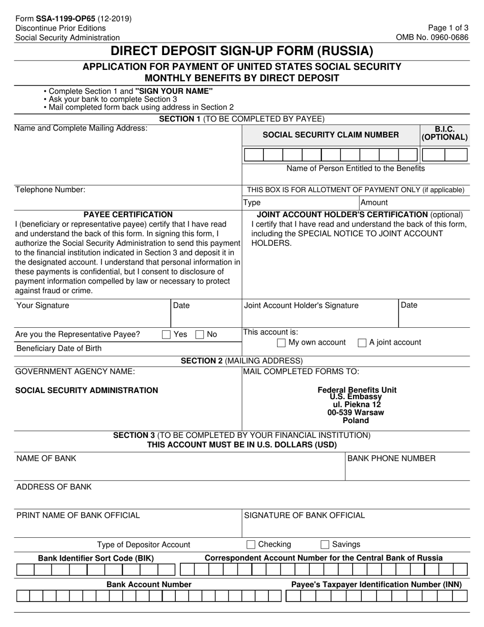 Form SSA-1199-OP65 Direct Deposit Sign-Up Form (Russia), Page 1