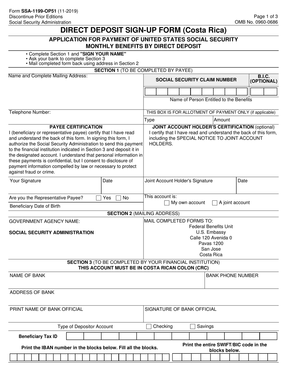 Form SSA-1199-OP51 Direct Deposit Sign-Up Form (Costa Rica), Page 1