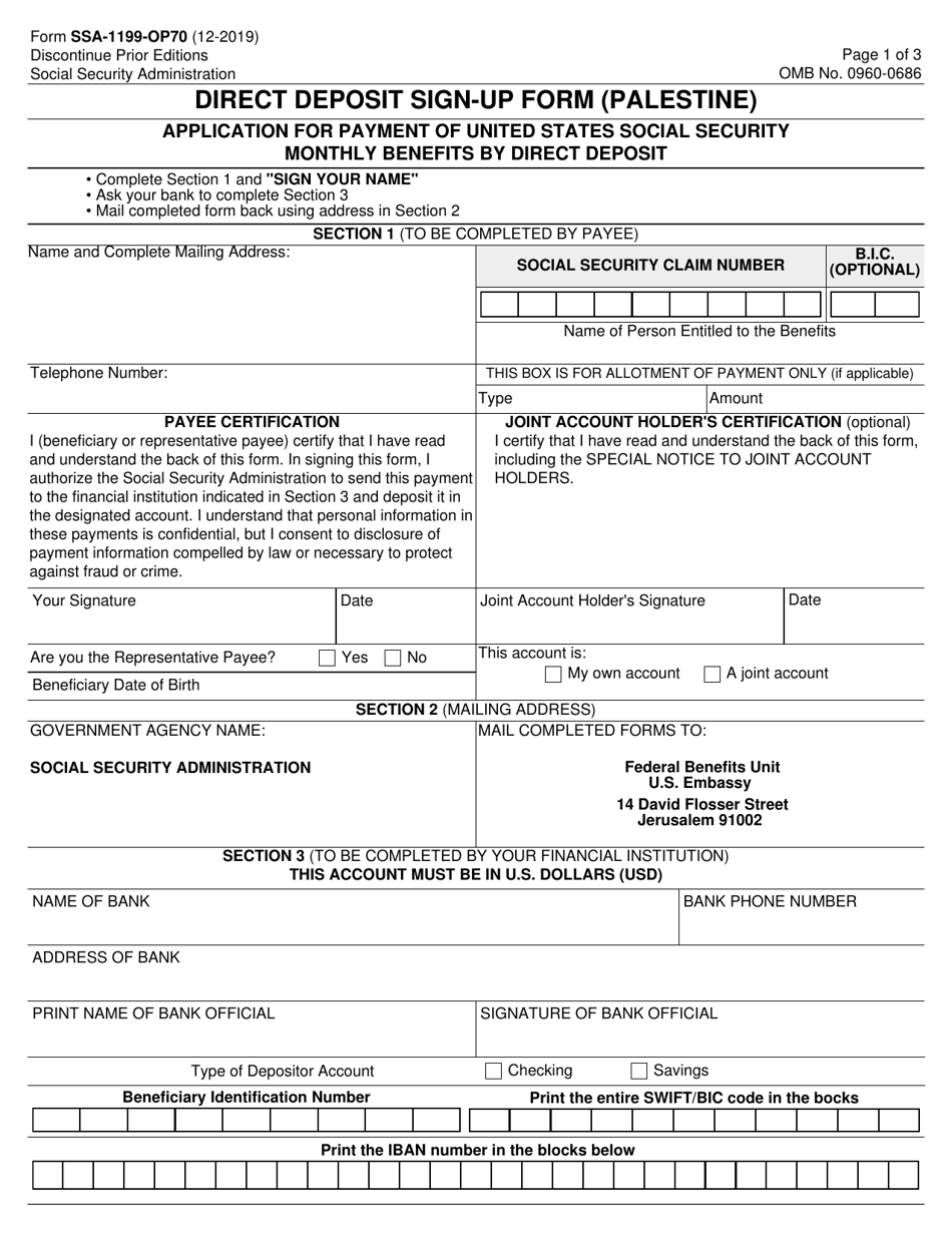 Form SSA-1199-OP70 Direct Deposit Sign-Up Form (Palestine), Page 1