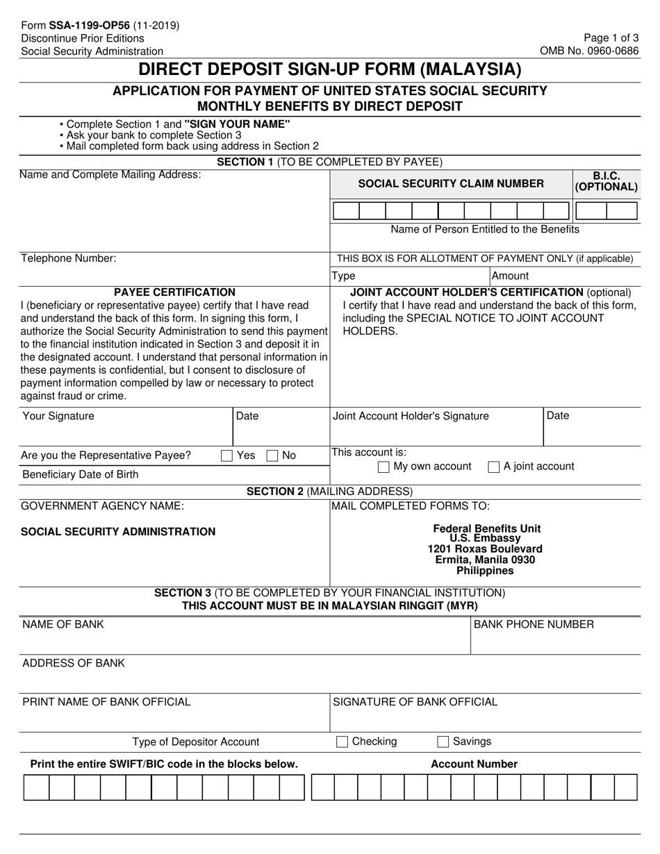 Form SSA-1199-OP56 Direct Deposit Sign-Up Form (Malaysia), Page 1