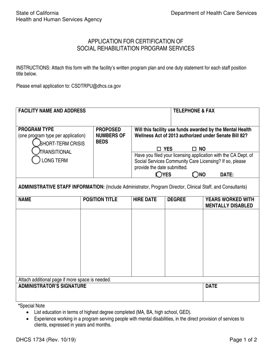 Form DHCS1734 Application for Certification of Social Rehabilitation Program Services - California, Page 1