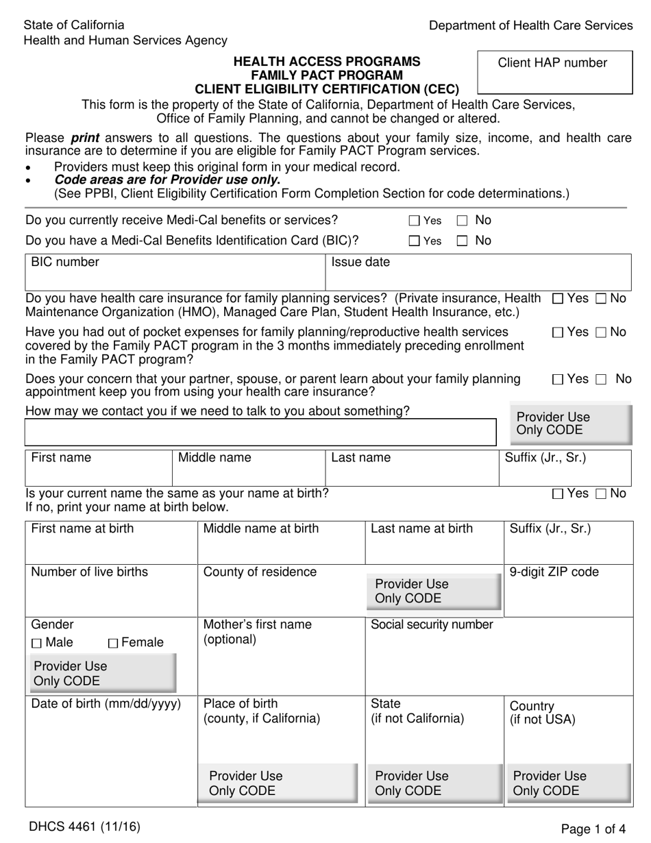 Form DHCS4461 Health Access Programs Family Pact Program Client Eligibility Certification (Cec) - California, Page 1