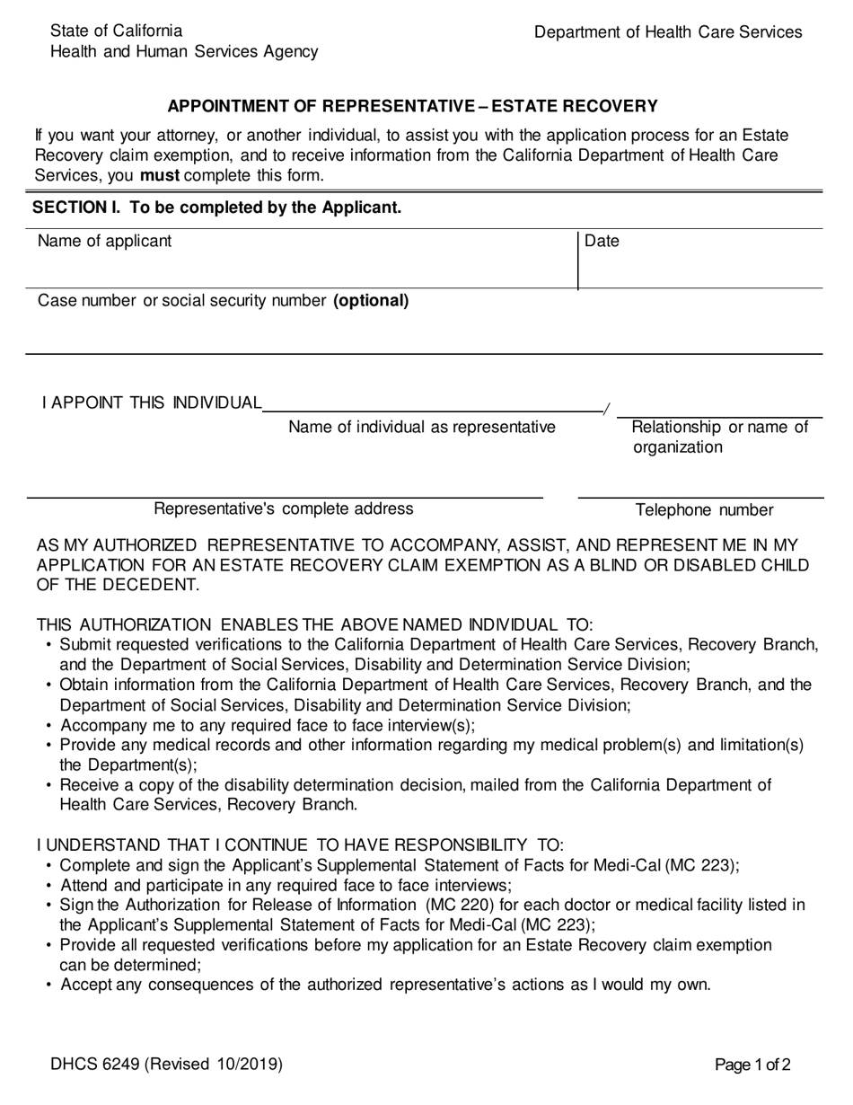 Form DHCS6249 Appointment of Representative - Estate Recovery - California, Page 1