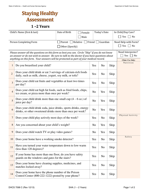 Form DHCS7098 C Staying Healthy Assessment: 1-2 Years - California