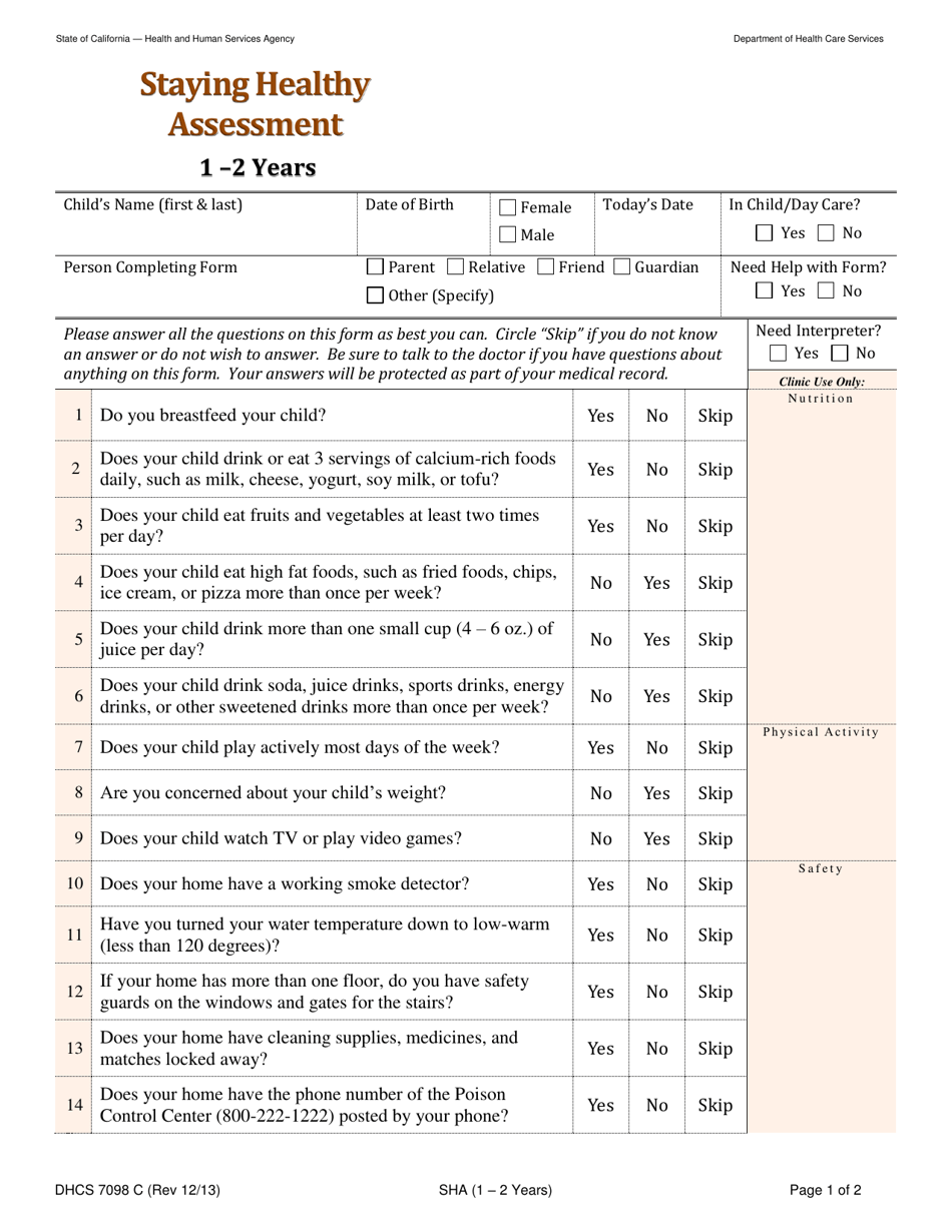 Form DHCS7098 C Staying Healthy Assessment: 1-2 Years - California, Page 1