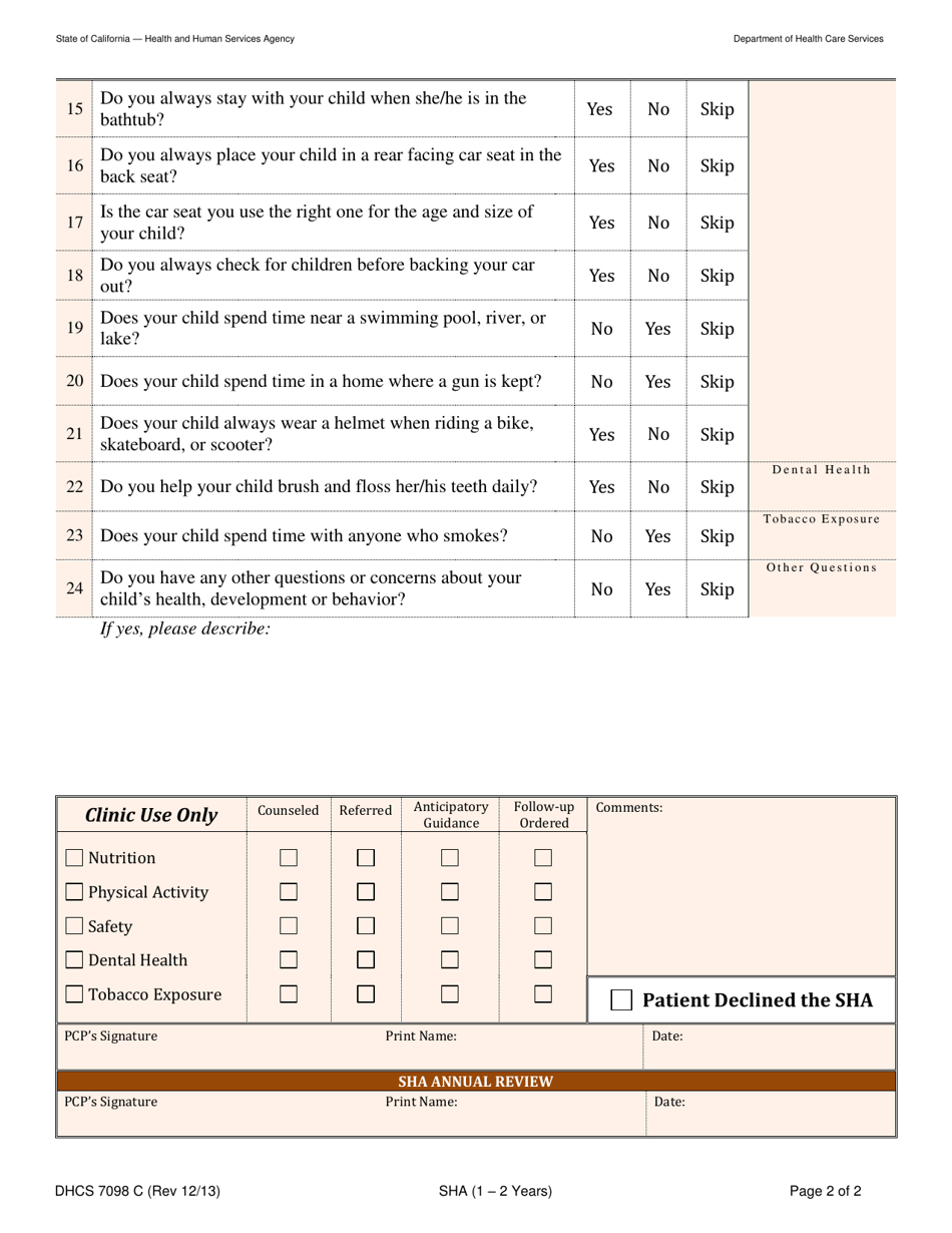 Form DHCS7098 C Staying Healthy Assessment: 1-2 Years - California, Page 2