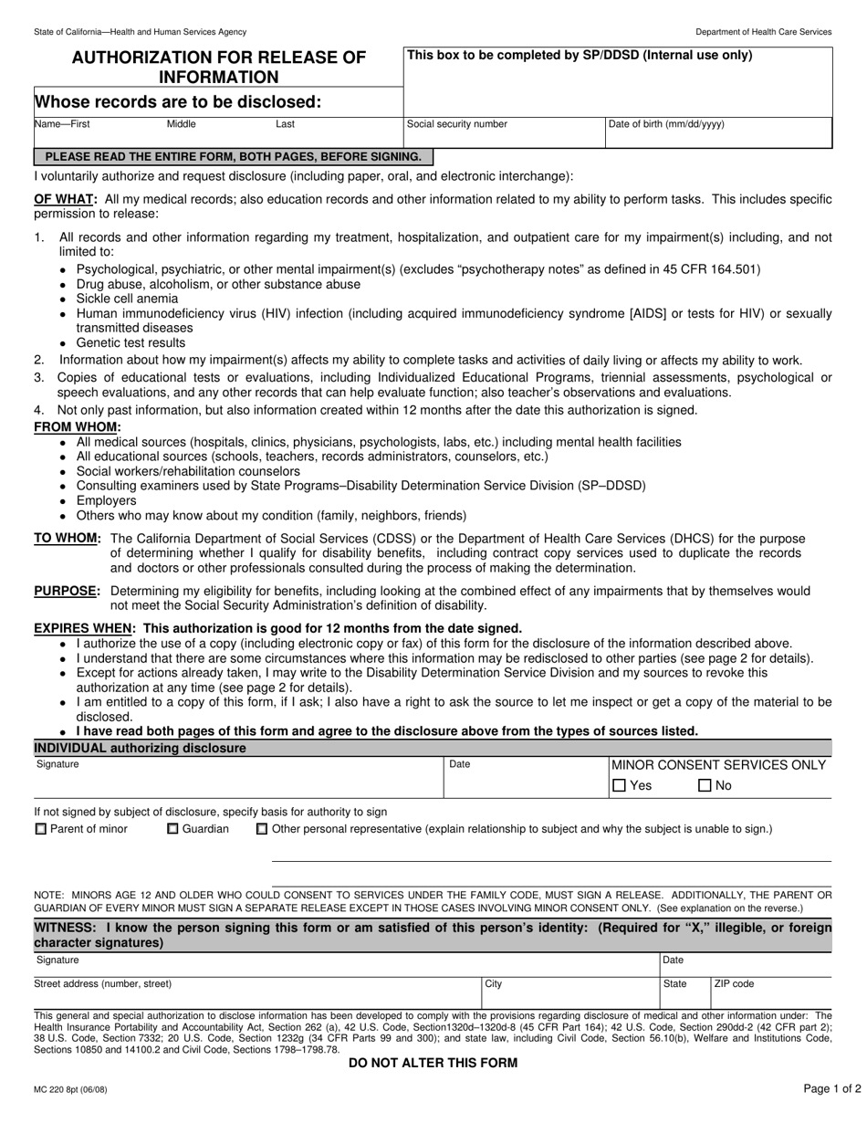 Form MC220 8PT Authorization for Release of Information - California, Page 1