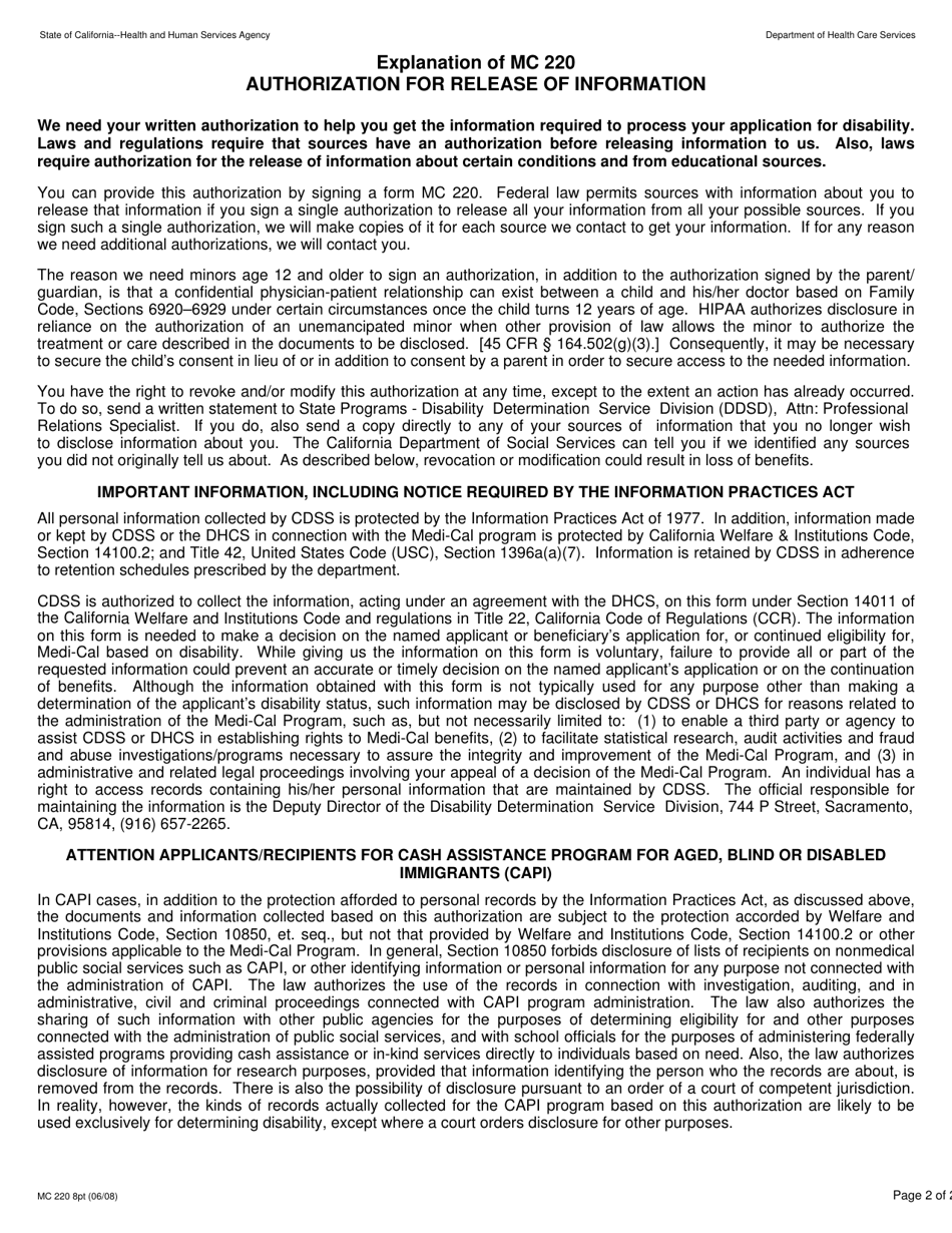 Form MC220 8PT Authorization for Release of Information - California, Page 2