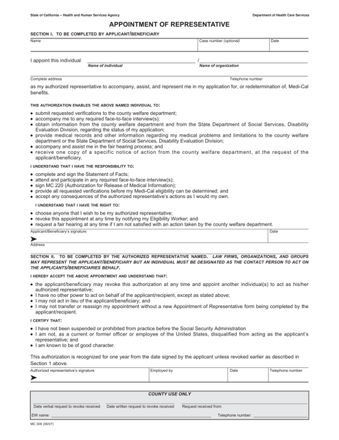 Form MC306 Appointment of Representative - California
