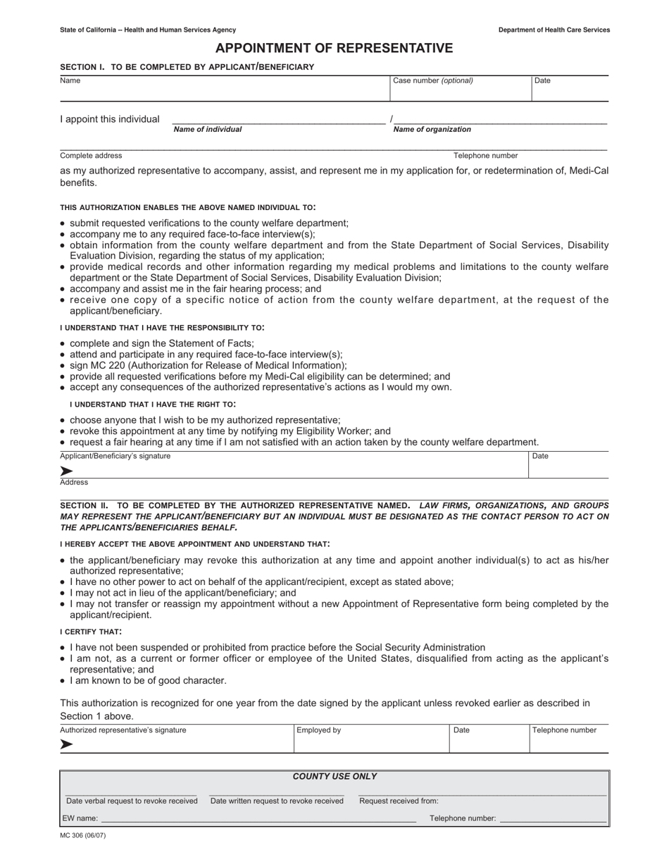 Form MC306 Appointment of Representative - California, Page 1