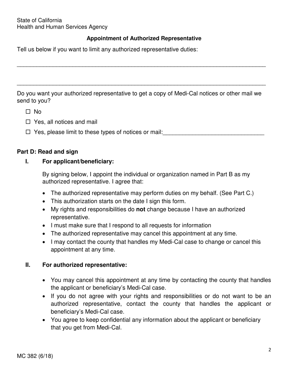 Form MC382 Appointment of Authorized Representative - California, Page 2