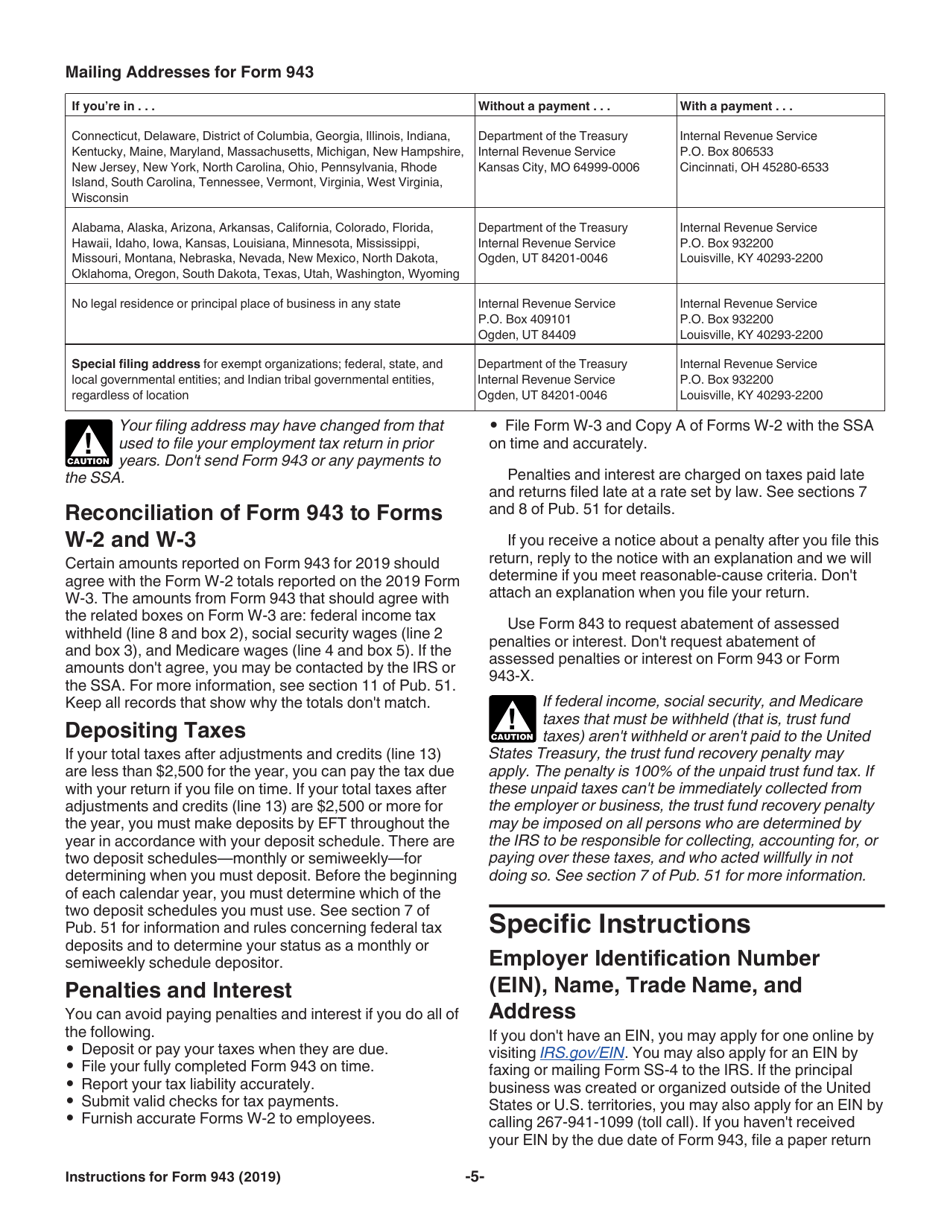 Instructions for IRS Form 943 Employers Annual Federal Tax Return for Agricultural Employees, Page 5