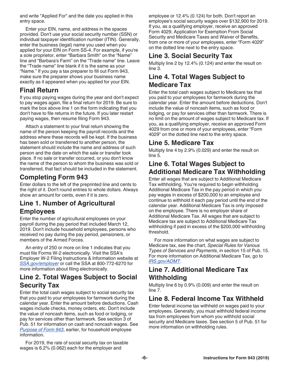 Instructions for IRS Form 943 Employers Annual Federal Tax Return for Agricultural Employees, Page 6