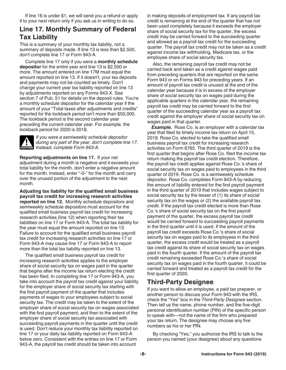 Instructions for IRS Form 943 Employers Annual Federal Tax Return for Agricultural Employees, Page 8